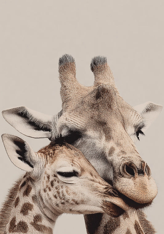 Giraffes Postcard by Fripperies featuring two giraffes embracing each other against a beige background