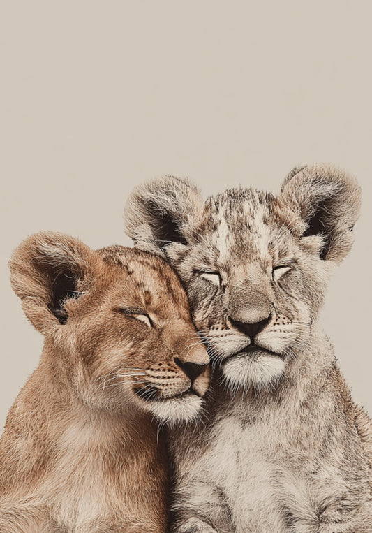 Lions Postcard by Fripperies featuring two lion cubs against a beige background