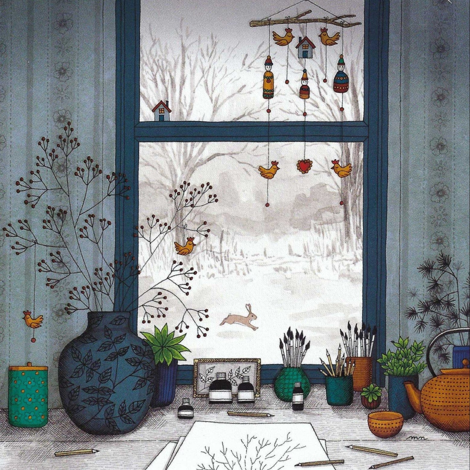 Sketching by the Window Postcard by Editions Titi Pinson featuring an illustration of a cozy room with a window, plants, and artistic supplies.