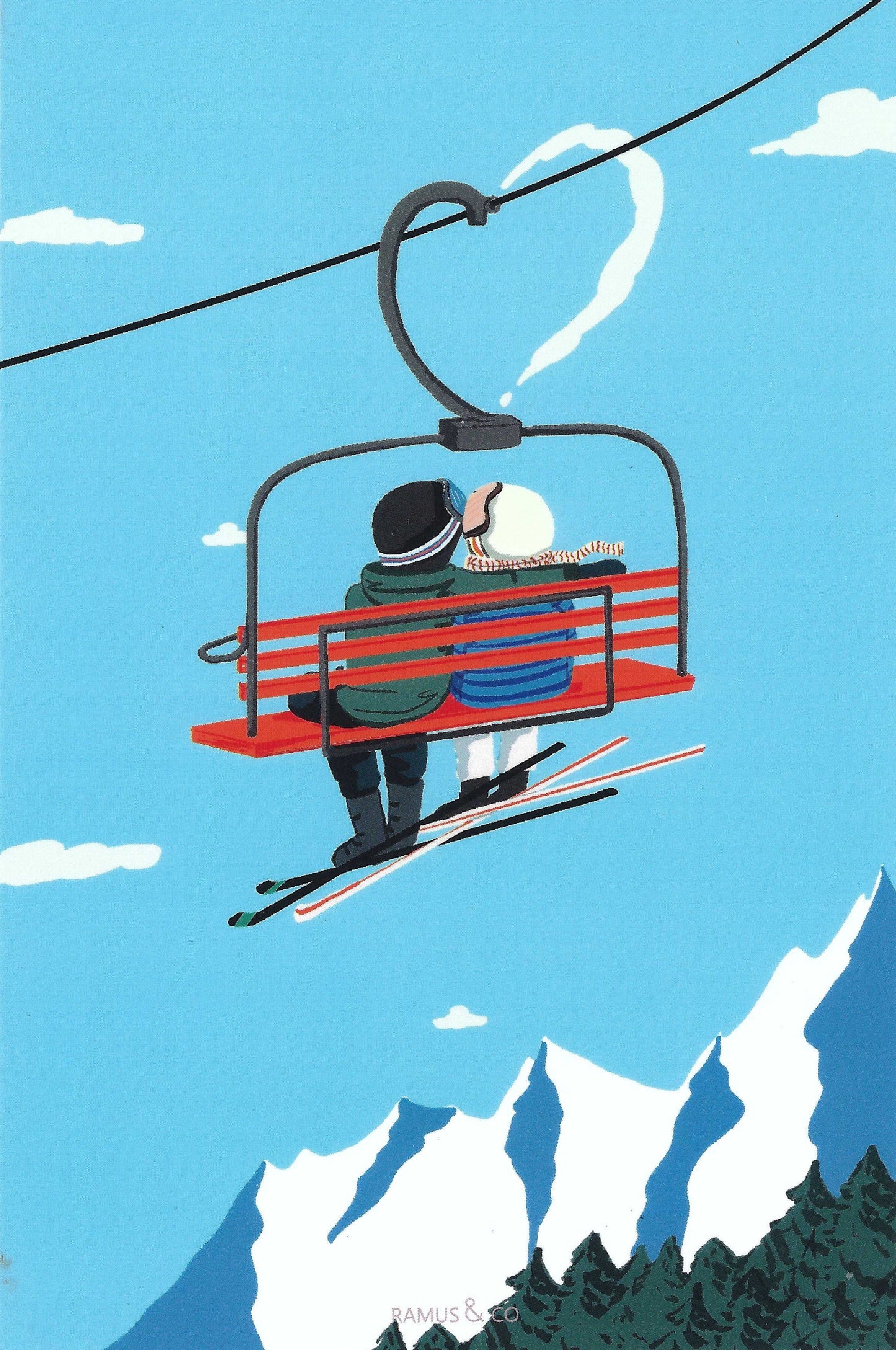 Ski Love Postcard by Ramus & Company featuring two people on a ski lift with a heart-shaped cloud above them against a blue sky.