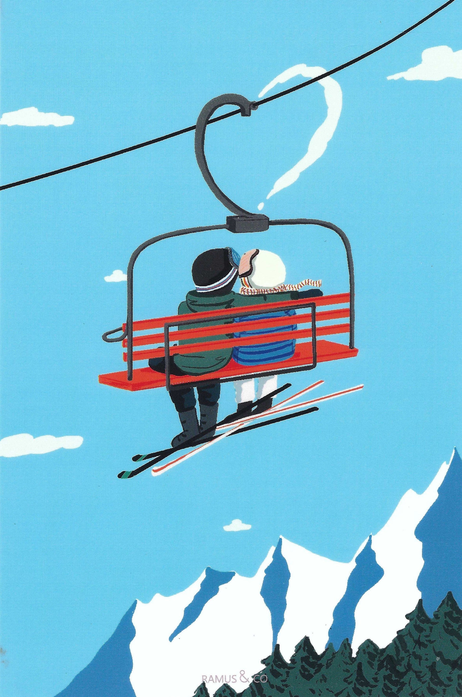 Ski Love Postcard by Ramus & Company featuring two people on a ski lift with a heart-shaped cloud above them against a blue sky.