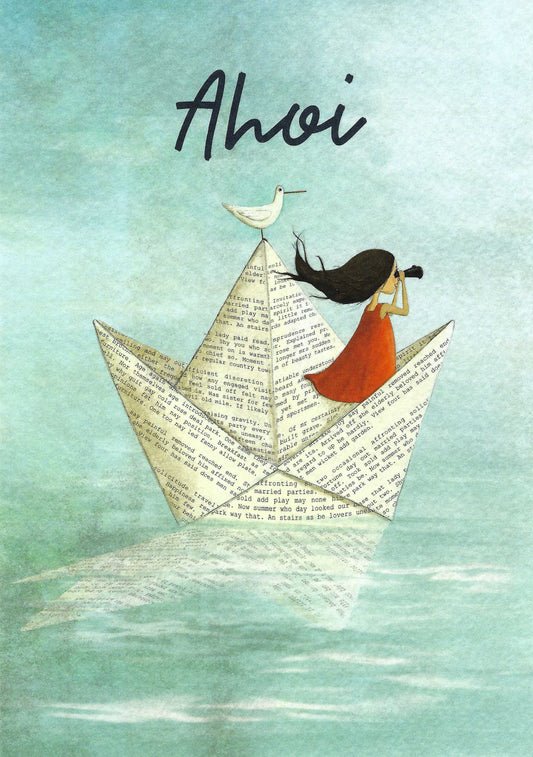 Skowronski and Koch - Girl - Paper Boat - Seagull - Postcard with varnish details