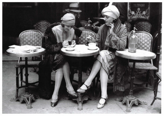 Black and White postcard of Two women sitting at a cafe table in a vintage setting-perfect for snail mail and Postcrossing