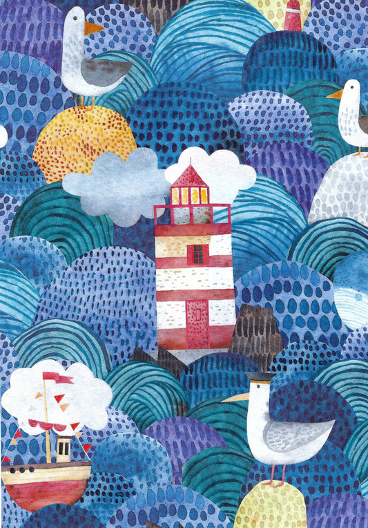 Skowronski and Koch - Seagulls - Lighthouse and Sea - Postcard with varnish details