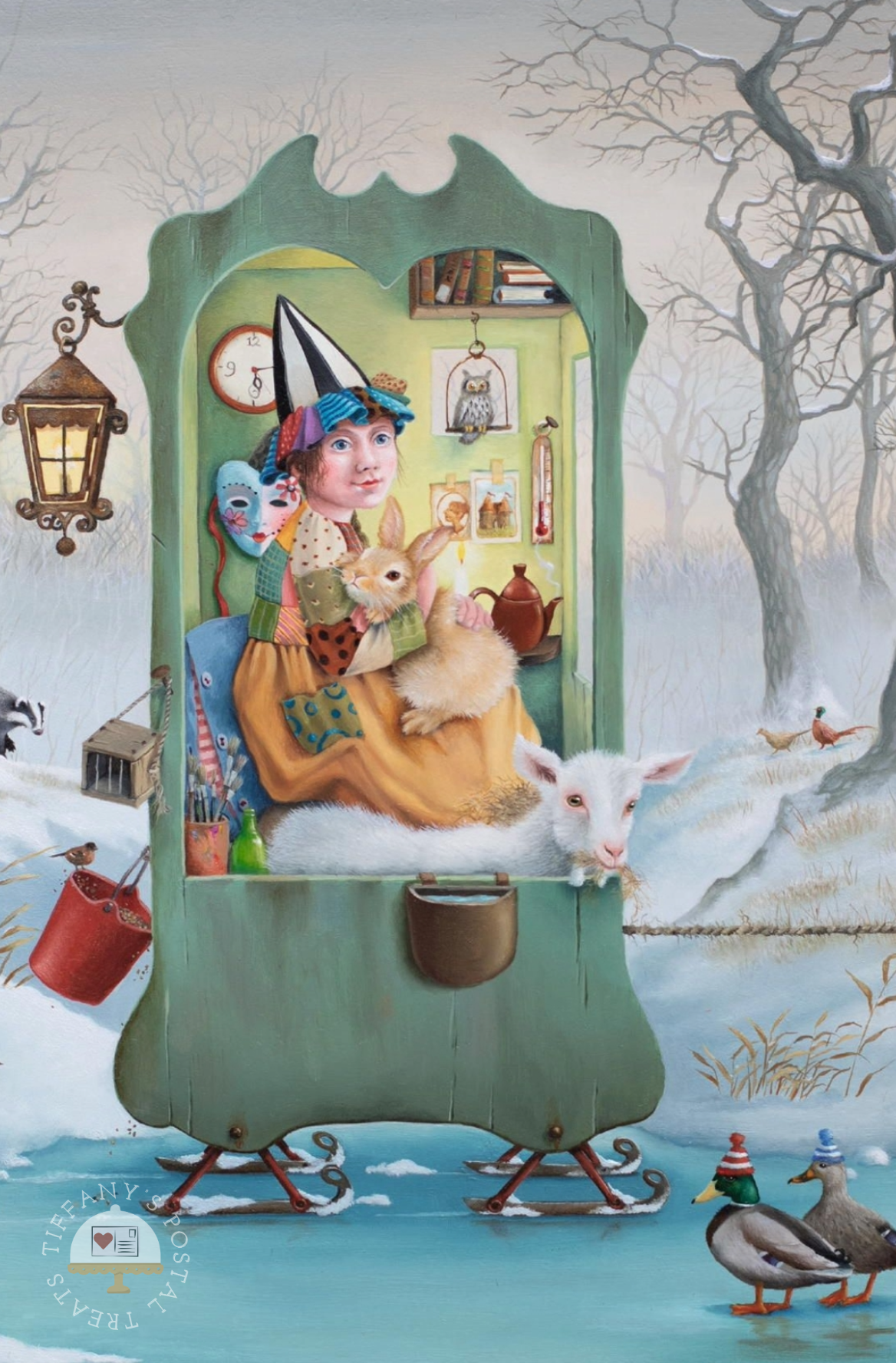 Sleigh House Postcard by Inkognito showing a whimsical winter scene featuring a person in a pointed hat and dress sitting inside a large green sleigh-shaped frame, holding a rabbit and a white goat, with ducks and bare trees in the snowy background.