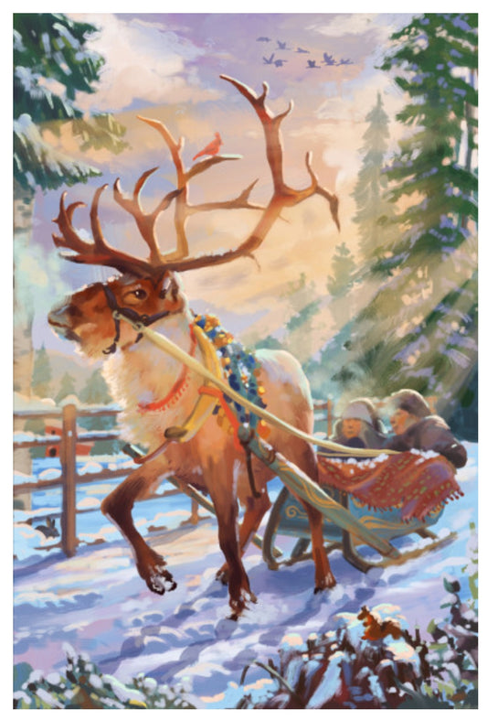 Sleigh Ride Postcard by Lantern Press featuring a reindeer pulling a sled with people through a snowy landscape.