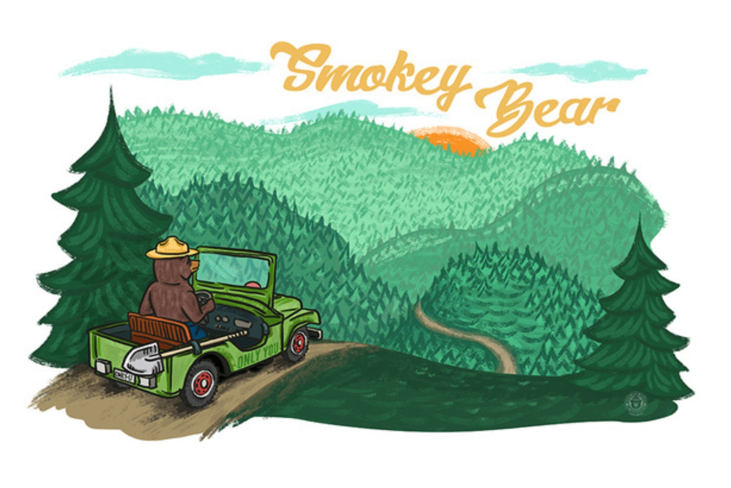 Lantern Press Postcard featuring an illustration of Smokey Bear driving a green jeep through a forest with 'Smokey Bear' text.