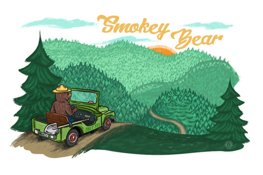 Lantern Press Postcard featuring an illustration of Smokey Bear driving a green jeep through a forest with 'Smokey Bear' text.