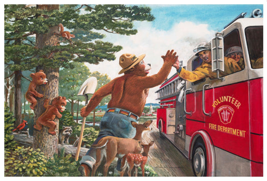 Lantern Press Smokey Bear Postcard with Fire Truck and Firefighters - Fire Prevention