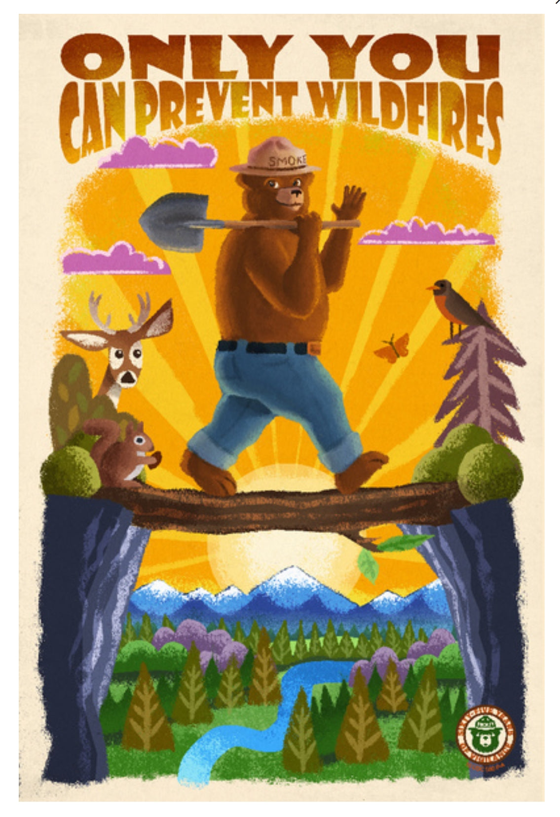 Smokey Bear on Log Bridge Postcard by Lantern Press