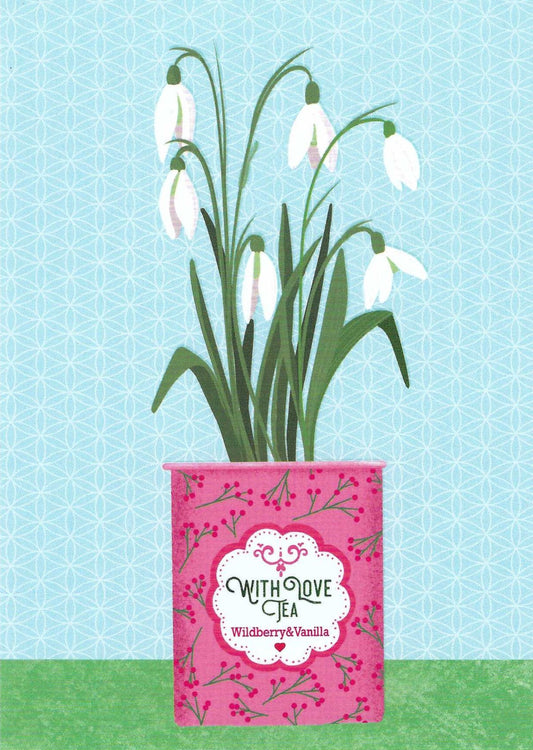 Snowdrops with Love Postcard by Nobis Design featuring a pink tea can filled with white flowers on a blue background