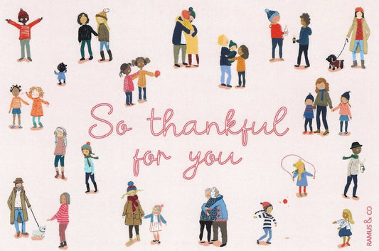 So Thankful for You Postcard by Ramus & Company featuring an illustration of people in various poses with the text 'So thankful for you' on a light pink background.