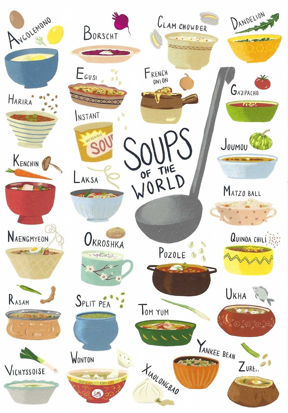 Soups of the World Postcard by Das Brooklyn featuring an illustration of various soups from around the world with titles above each bowl.