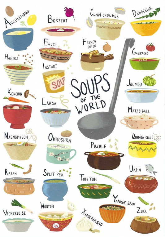 Soups of the World Postcard by Das Brooklyn featuring an illustration of various soups from around the world with titles above each bowl.