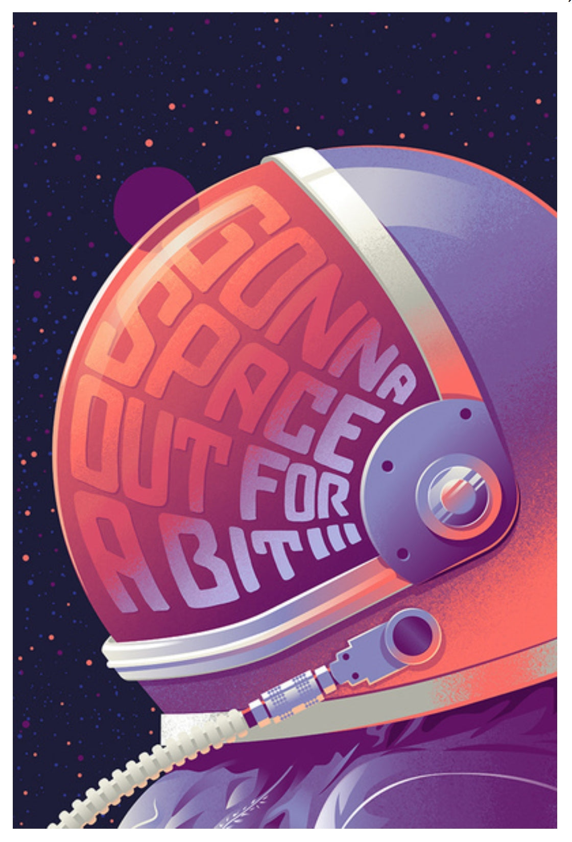 Lantern Press Postcard featuring an illustration of an astronaut with text 'Gonna space out for a bit' on the helmut against a starry space background.