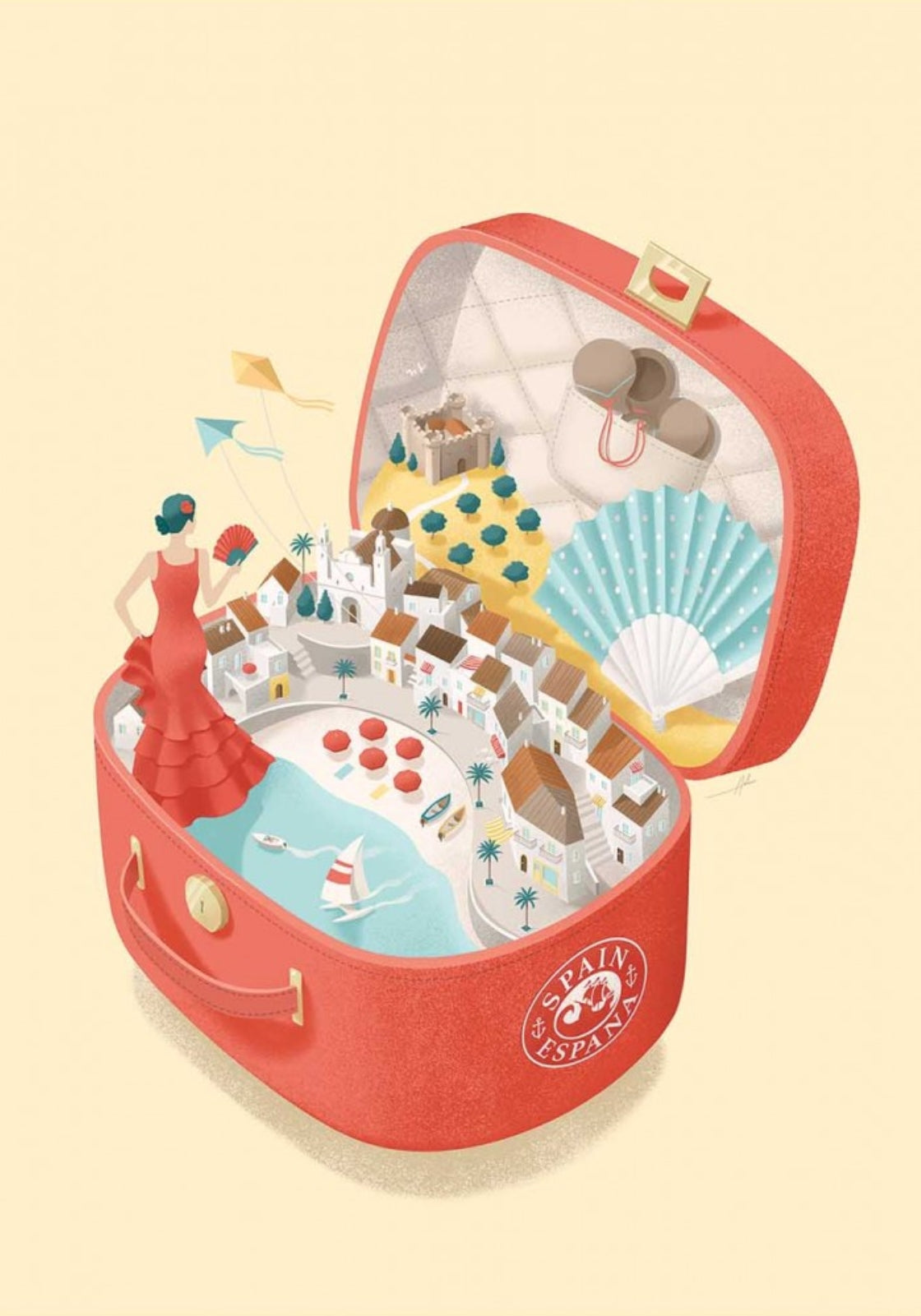 Spain Travel Postcard by Andrea de Santis featuring an illustration of a red suitcase with Spain themed landmarks