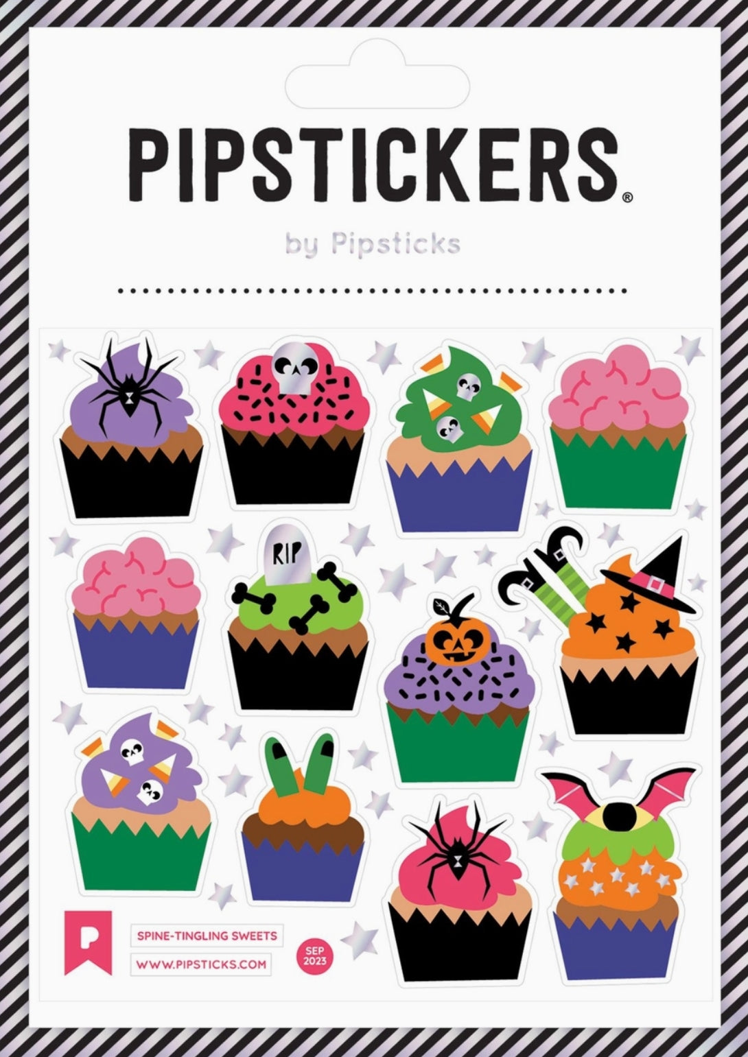 Spine-Tingling Sweets Sticker Sheet by Pipsticks Pipstickers with Halloween-themed cupcakes on a white background