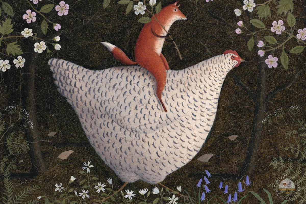 Spring Chicken Postcard by Inkognito featuring a whimsical folk-art style illustration of a fox riding on the back of a large white hen, surrounded by a dark forest with white flowers and green leaves.
