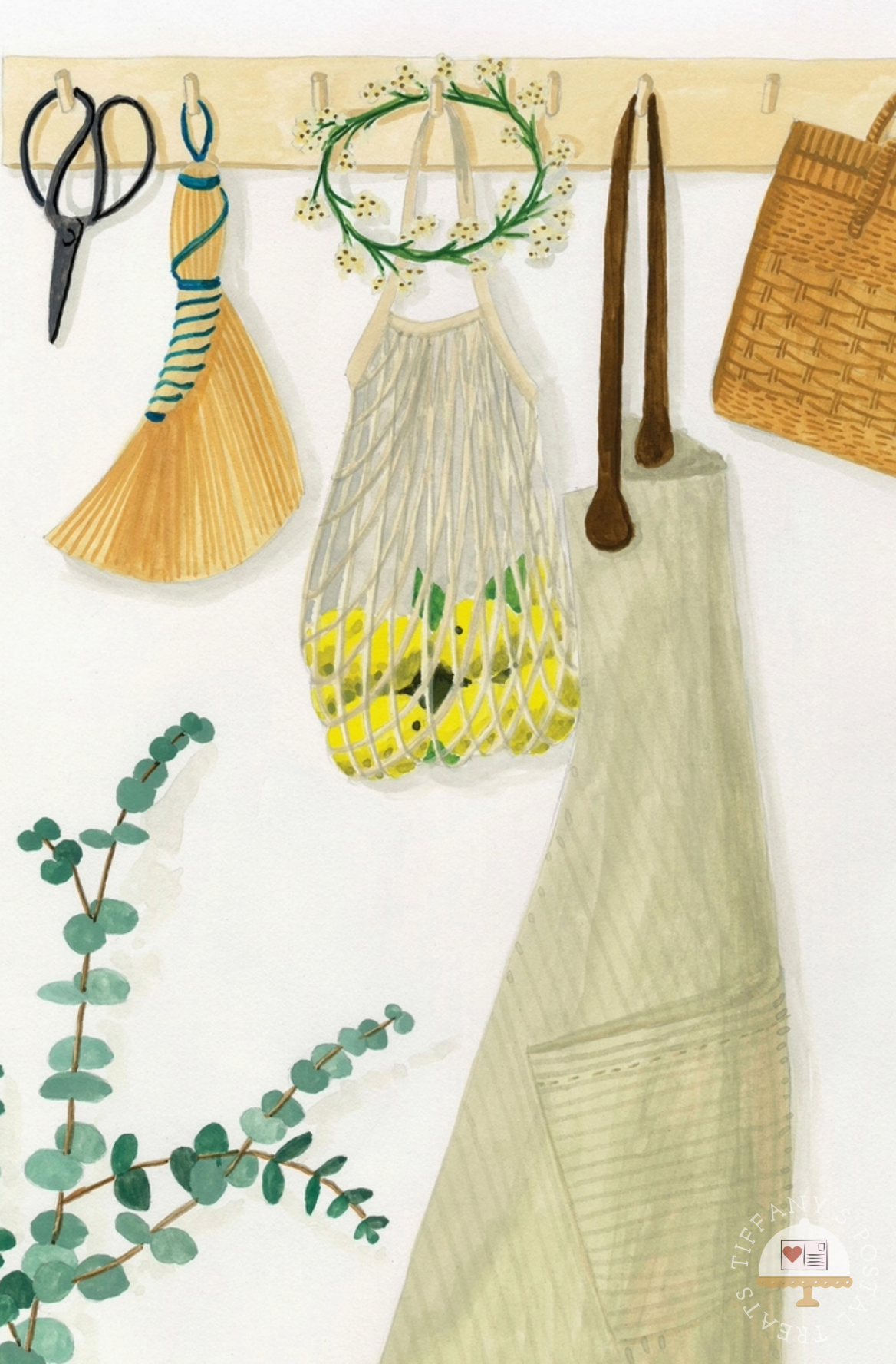 Spring Cleaning Postcard by Mélanie Voituriez featuring an illustration of kitchen and craft tools hanging on a pegboard: a black-handled scissors, a straw broom with blue wrapping, a woven basket, wooden spoons, a mesh bag filled with yellow lemons, a green floral wreath, and an apron. A eucalyptus branch decorates the lower left against a white background.