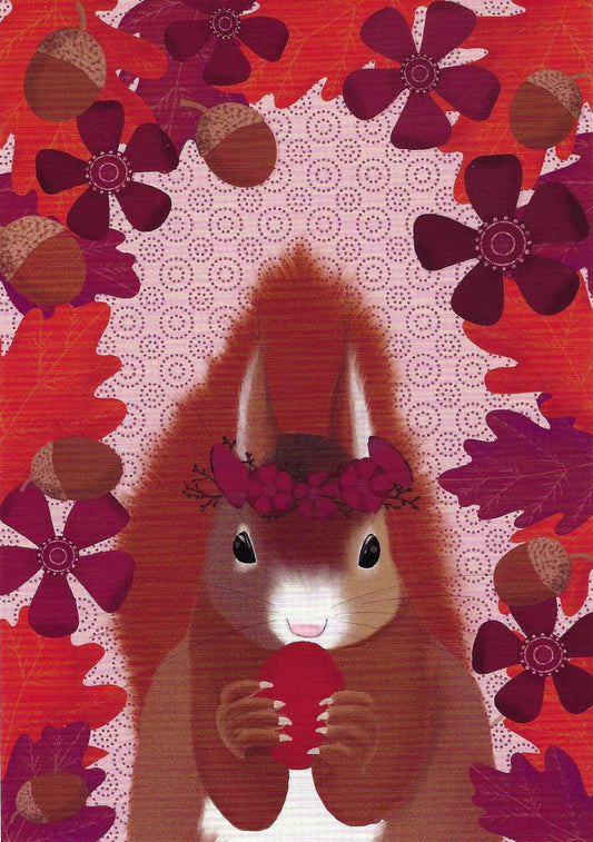 Squirrel Postcard by Nobis Design featuring an illustration of a squirrel holding an acorn surrounded by flowers and acorns on a red background