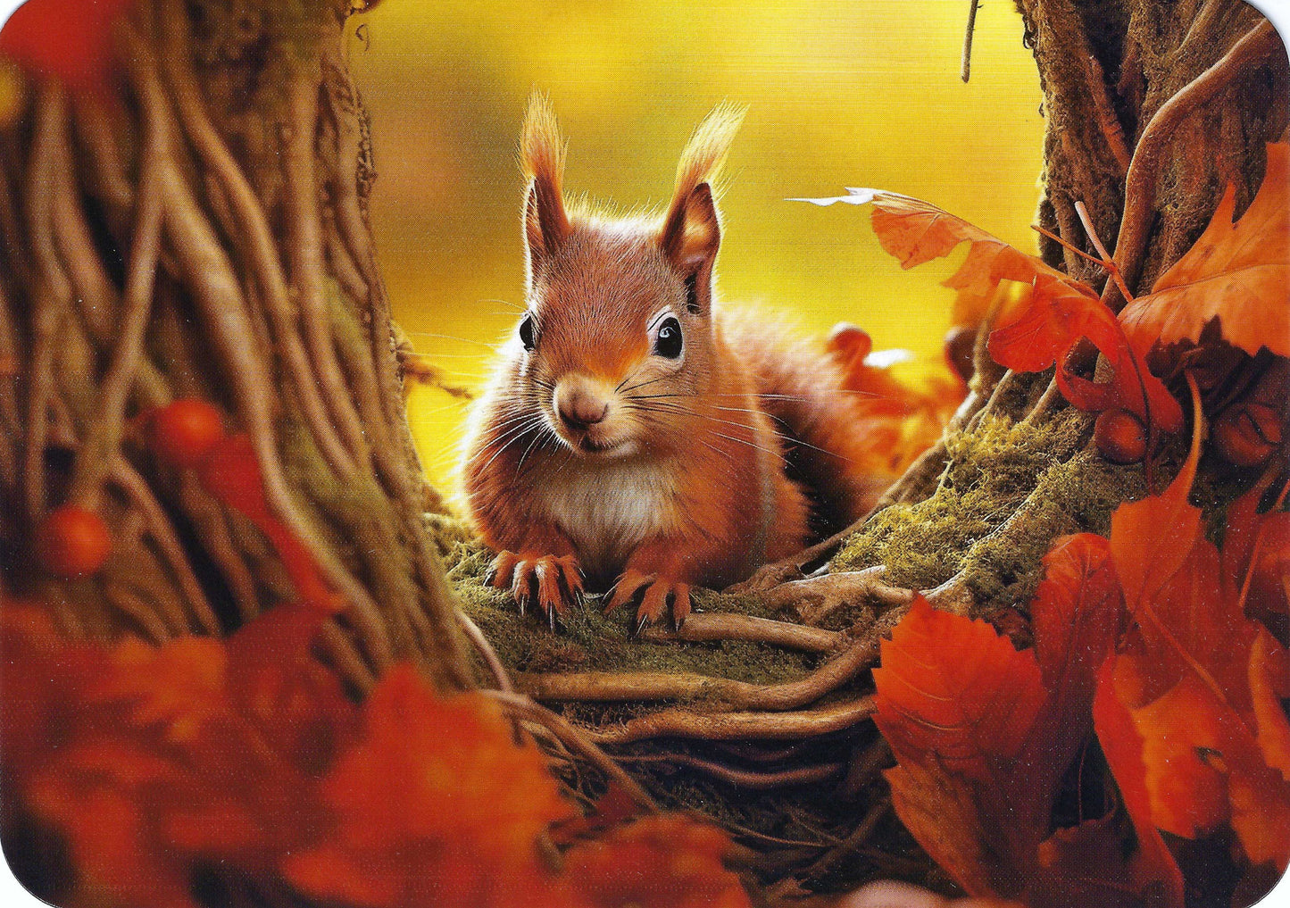 Squirrel Postcard by Edition Gollong featuring a squirrel among autumn leaves and branches with a warm color tone