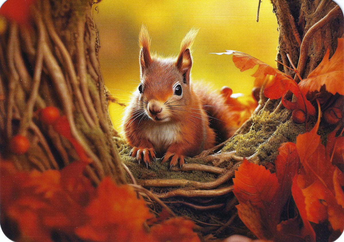 Squirrel Postcard by Edition Gollong featuring a squirrel among autumn leaves and branches with a warm color tone