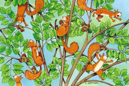 Squirrels Postcard by Christine Donnier - Editions Titi Pinson featuring squirrels on tree branches with acorns.