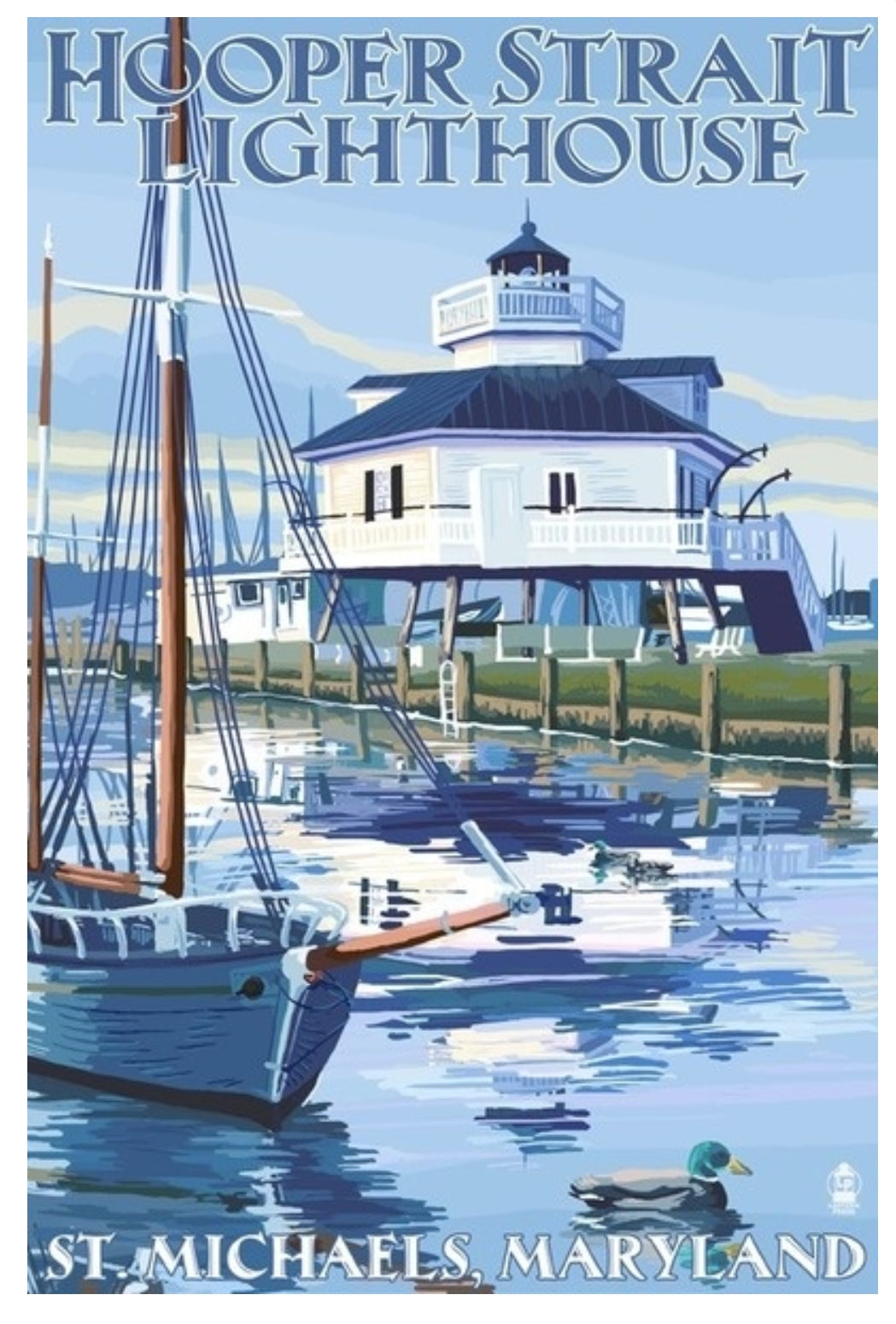 Lantern Press Postcard featuring Lighthouse at Hooper Strait with boats in the harbor, St. Michaels, Maryland