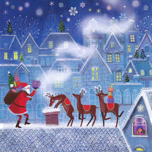 St. Nicholas with Reindeer Postcard by Mila Marquis - Edition Gollong featuring an illustration of Santa Claus with reindeer on a rooftop with a snowy village scene.