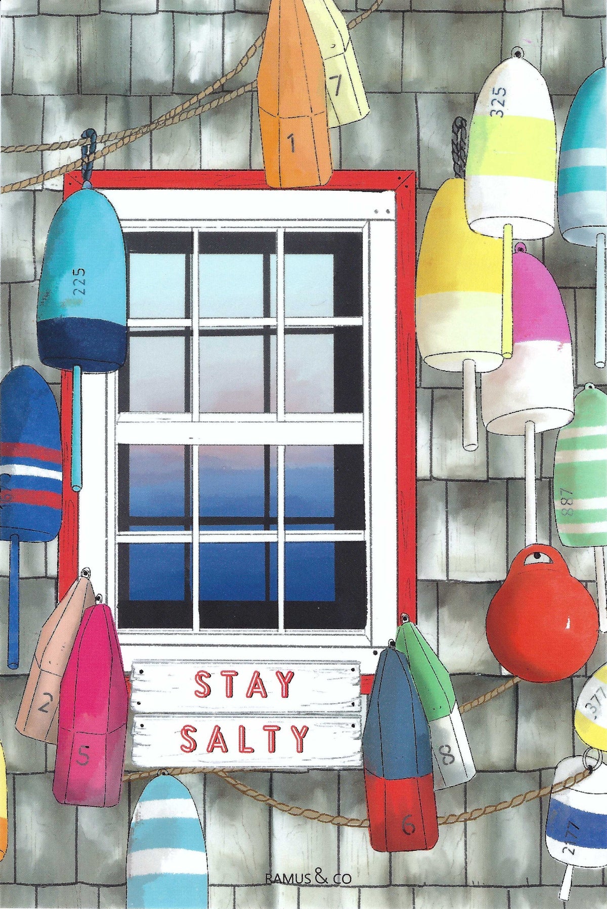 Stay Salty Buoy Shack Postcard by Ramus & Company featuring an illustration of colorful buoys hanging around a window with 'Stay Salty' 