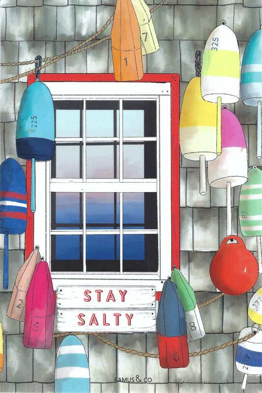 Stay Salty Buoy Shack Postcard by Ramus & Company featuring an illustration of colorful buoys hanging around a window with 'Stay Salty' 