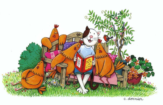 Storytime in the Garden Postcard by Christine Donnier - Editions Titi Pinson featuring a cat reading a book to chickens in a garden setting