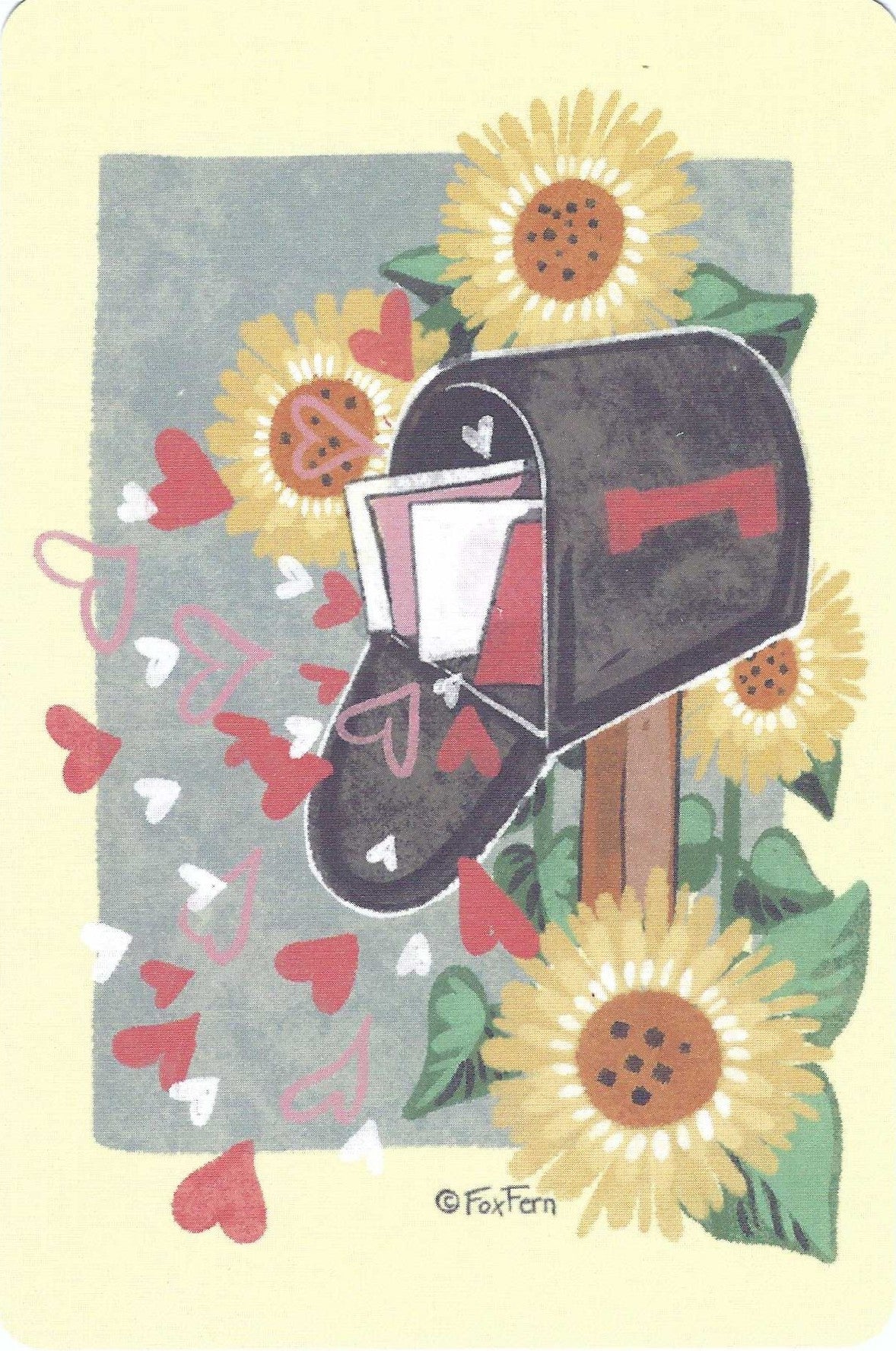 Sunflower Mailbox Postcard by FoxFern Studios featuring a mailbox with sunflowers and hearts on a light yellow background