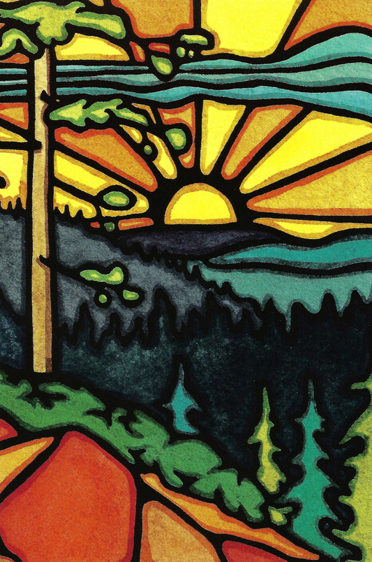 Sunrise - Daybreak Postcard by Sarah Angst Art featuring a sunset with trees.