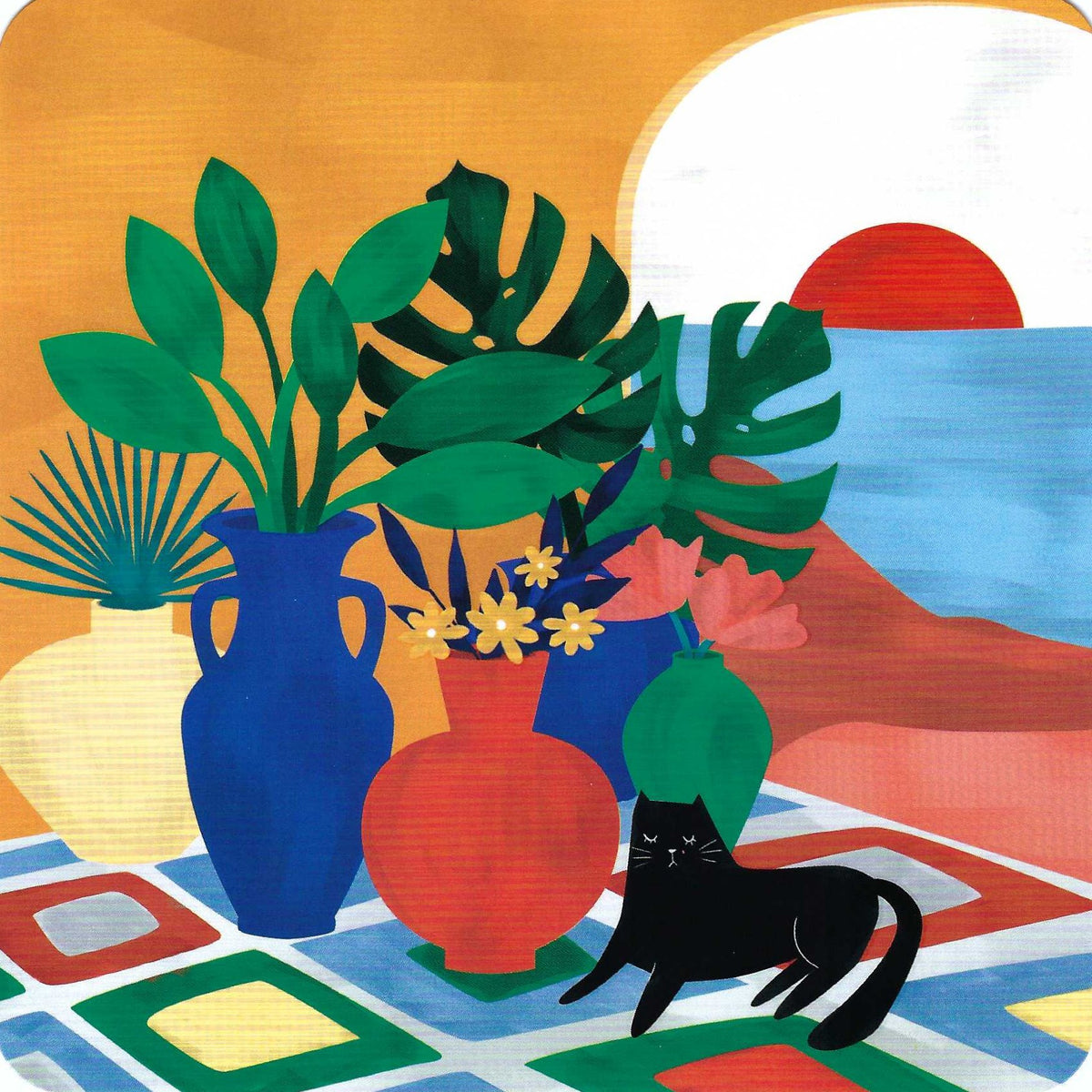 Editor - Art of Emotion postcard featuring a colorful illustration of plants in vases and a black cat on a geometric patterned rug with a sunset in the background.