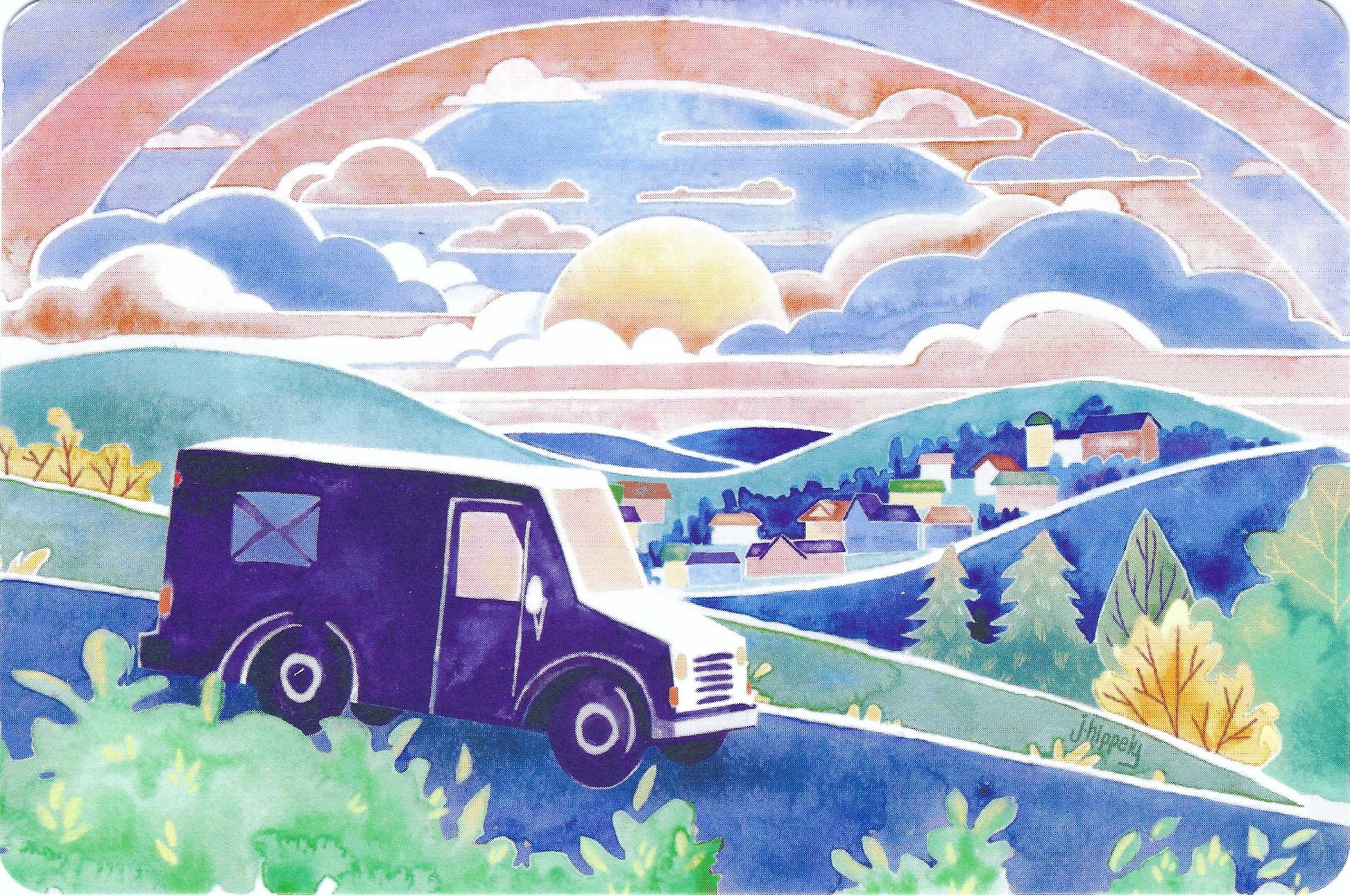 Sunset Valley with Mail Truck Postcard by  FoxFern Studios featuring the sun setting over a small valley town, with puffy clouds  and an LLV Mail Truck .