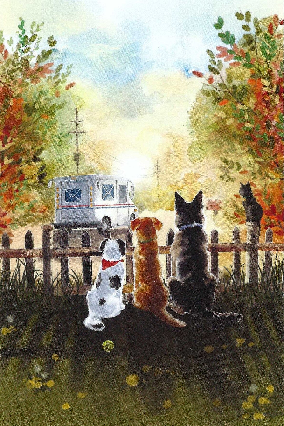 Sunset with Pets and Mail Truck Postcard by FoxFern StudiosWater featuring three dogs and a cat sitting behind a fence, looking toward a white mail delivery truck in an autumn outdoor scene with colorful trees and a bright sunlit sky.