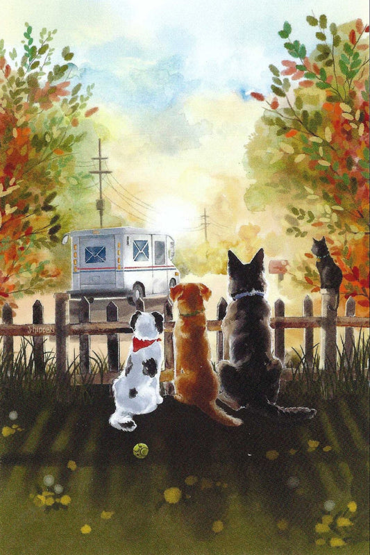 Sunset with Pets and Mail Truck Postcard by FoxFern StudiosWater featuring three dogs and a cat sitting behind a fence, looking toward a white mail delivery truck in an autumn outdoor scene with colorful trees and a bright sunlit sky.