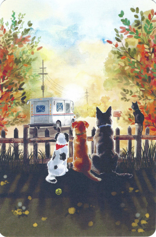 Sunset with Pets and LLV Mail Truck Postcard by Jennifer of FoxFern Studios featuring three dogs and a cat looking over the fence as their favorite mail carrier drives by.