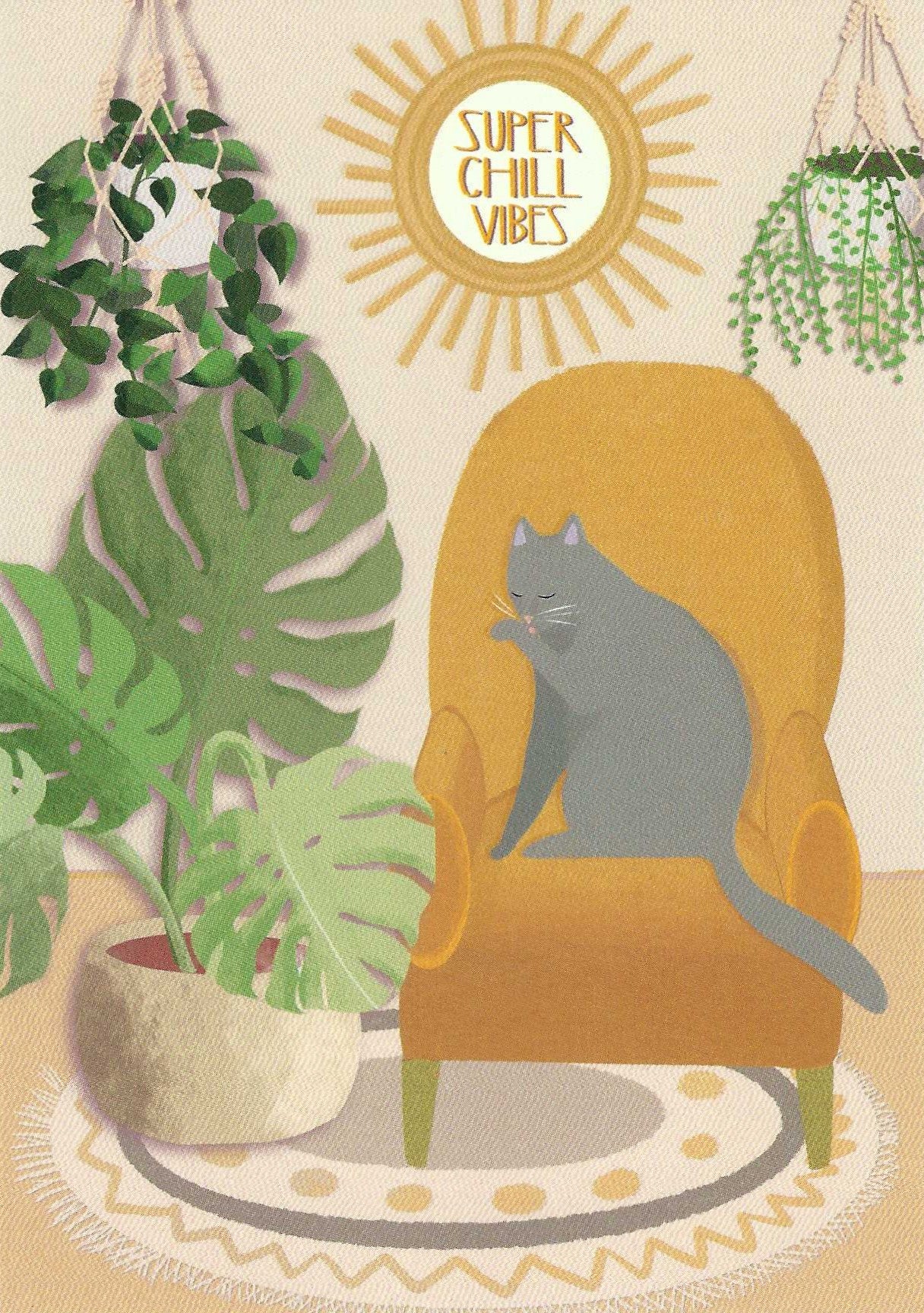 Super Chill Vibes Cat Postcard  features a cozy illustrated scene with a gray cat sitting in a mustard-yellow armchair, surrounded by potted green plants, a round rug, and a sunburst sign that reads “SUPER CHILL VIBES.”.