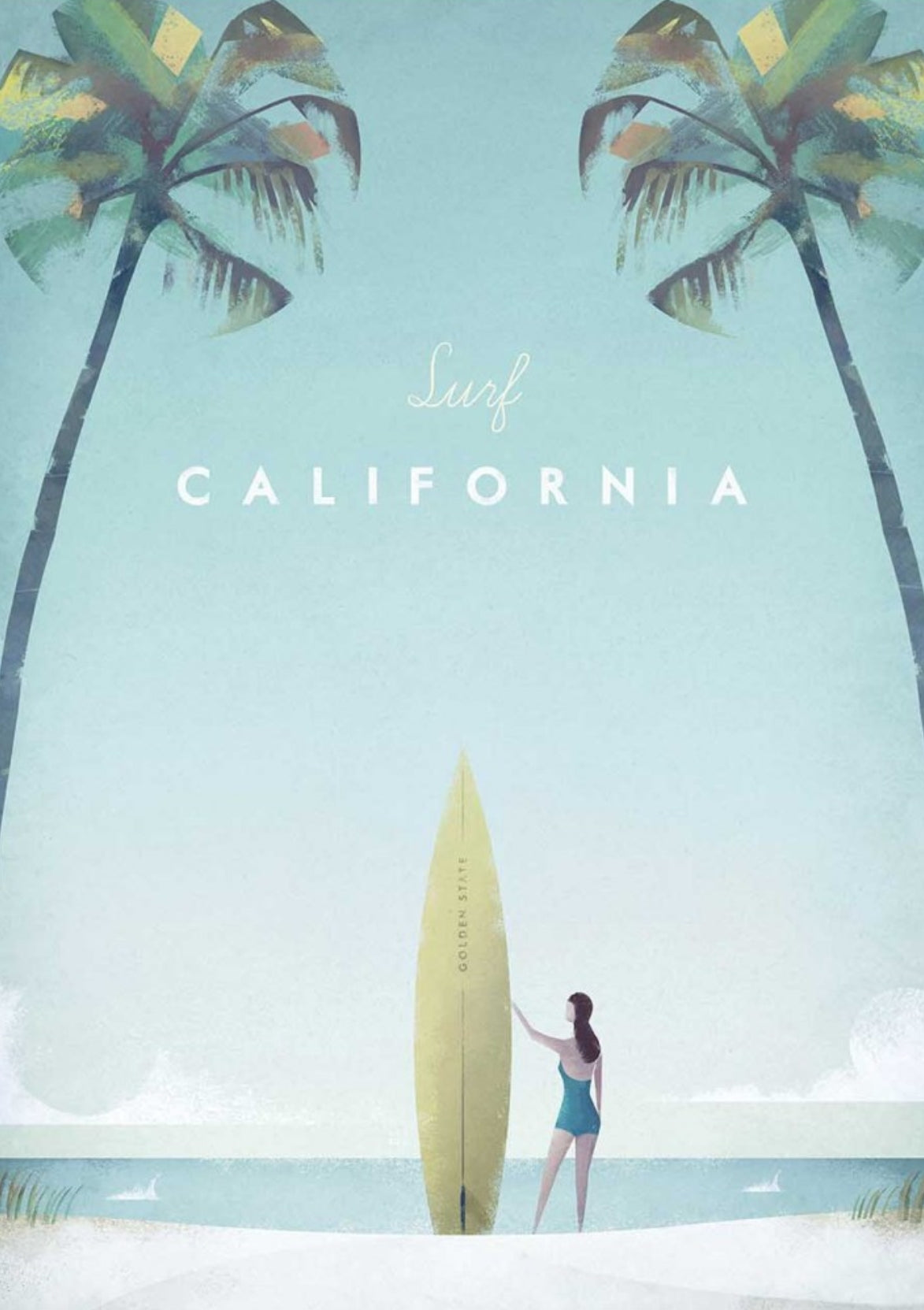 Surf California Postcard by Henry Rivers featuring a woman holding a surfboard with palm trees and 'Surf California' text on a blue sky background