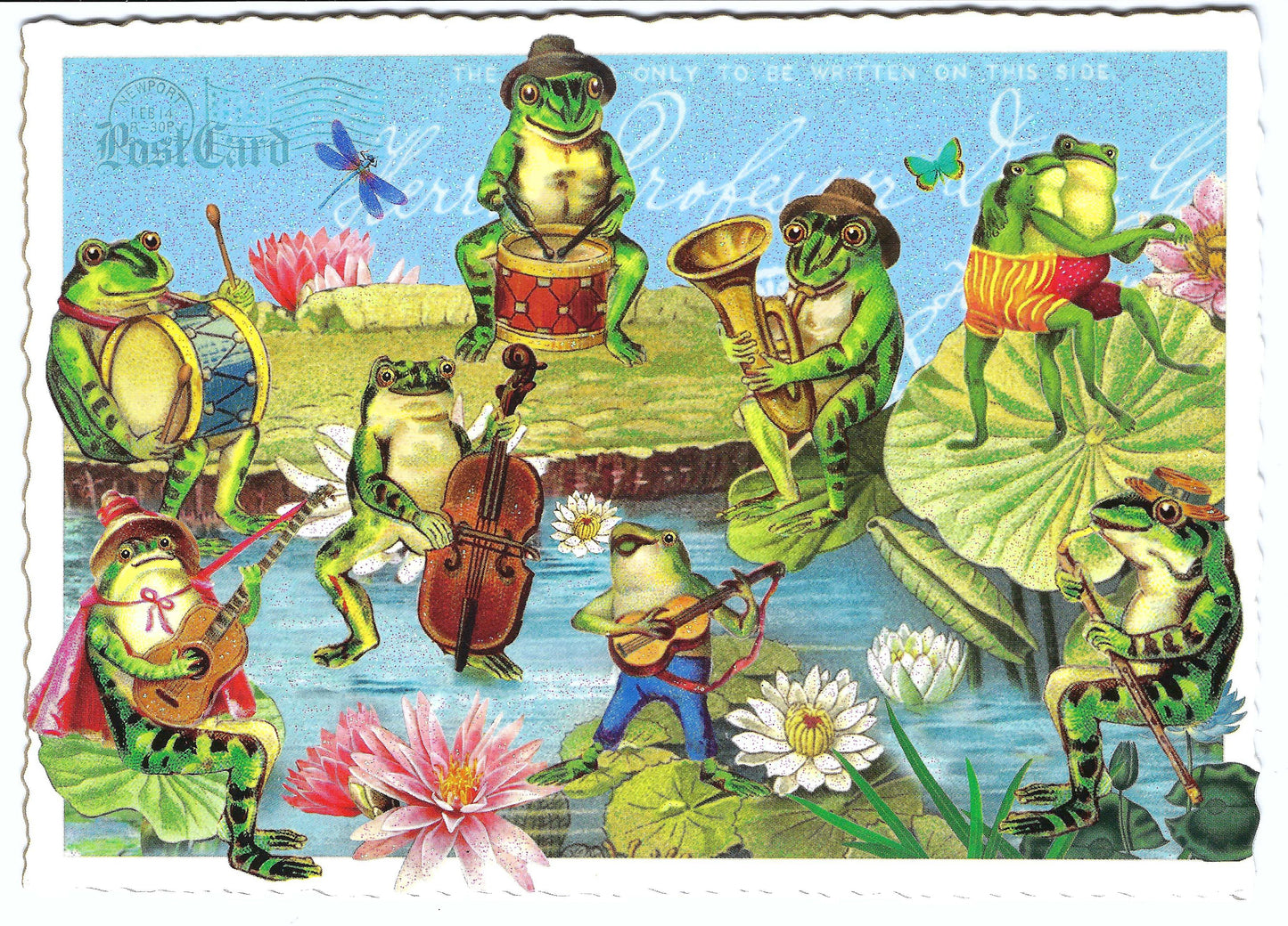 Frog Concert Postcard by Edition Tausendschön featuring frogs playing various instruments and dancing on lily pads