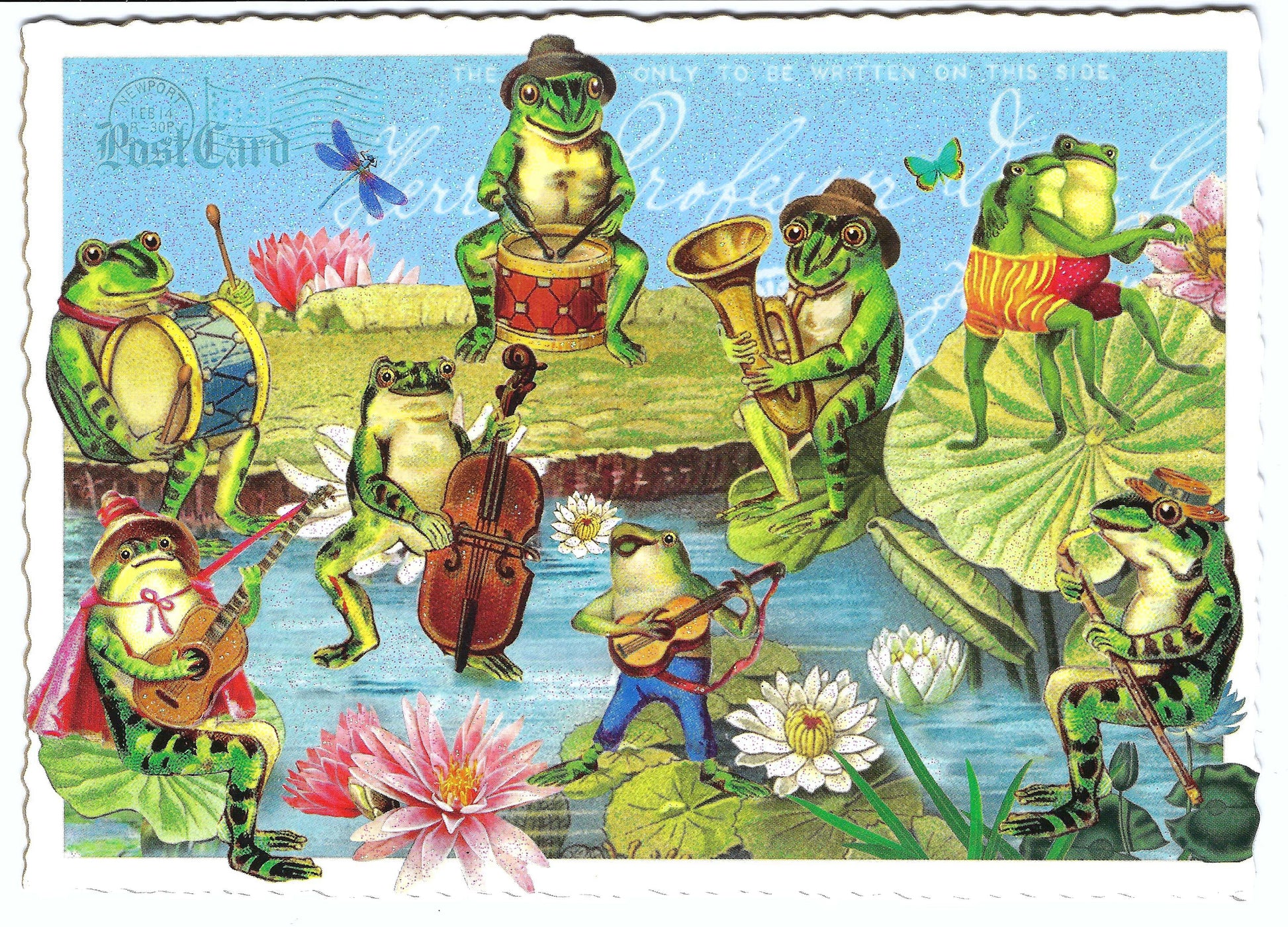 Frog Concert Postcard by Edition Tausendschön featuring frogs playing various instruments and dancing on lily pads