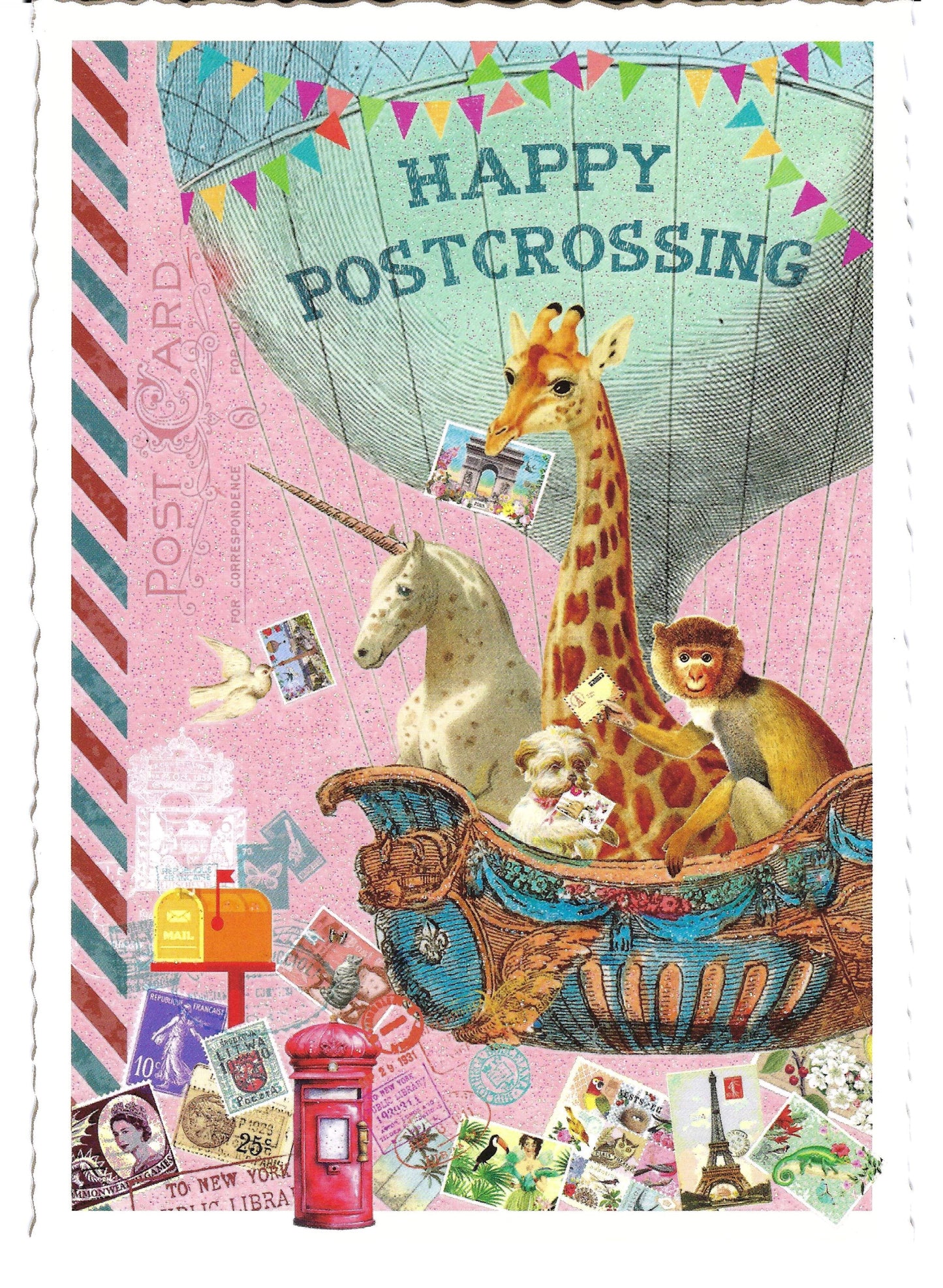 Happy Postcrossing Postcard by Edition Tausendschön featuring an illustration of a hot air balloon, animals and mailboxes and postcards with a 'Happy Postcrossing' greeting.