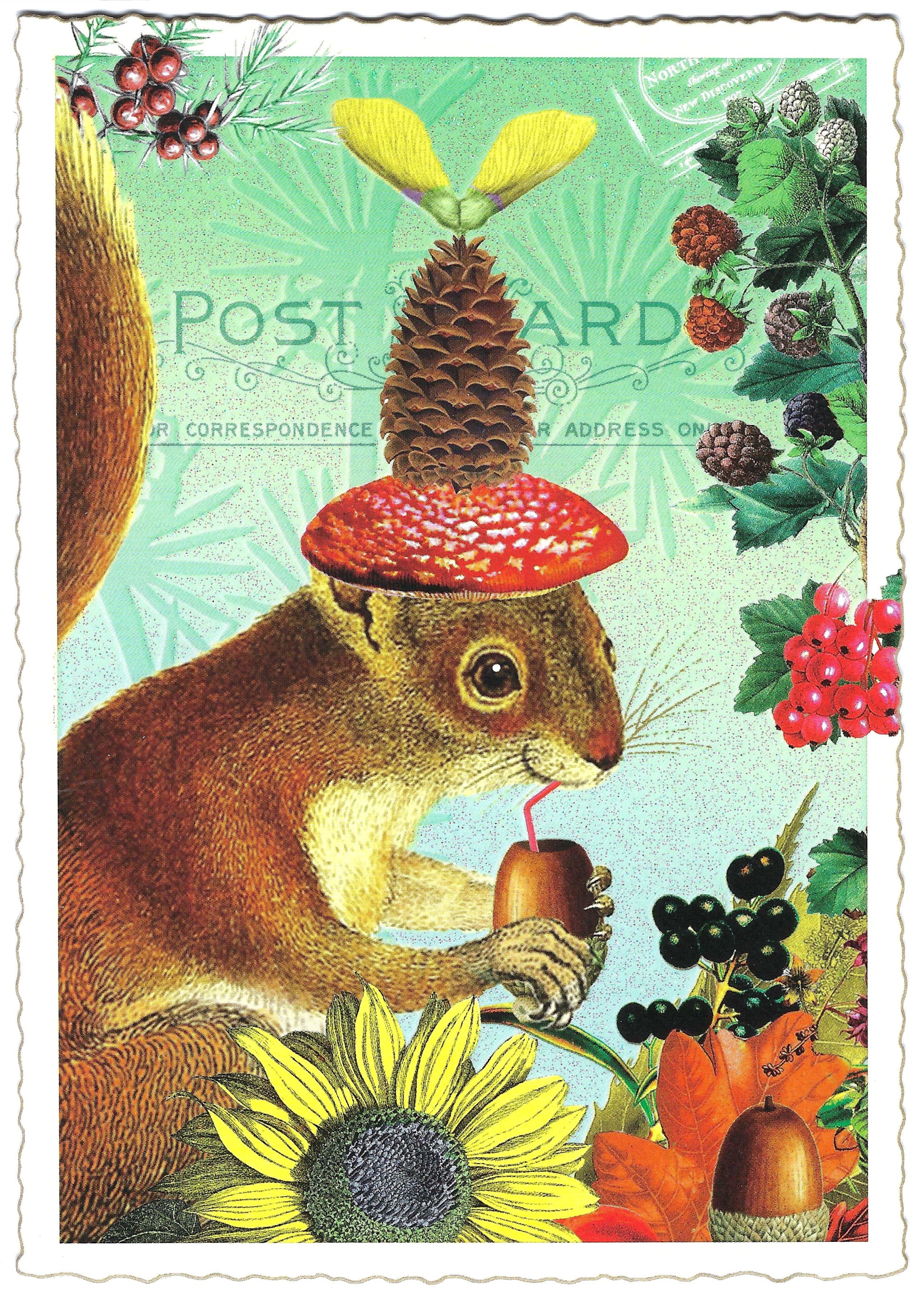 “Edition Tausendschön autumn postcard featuring a glitter-accented squirrel—premium jagged-edge design perfect for seasonal snail mail and collectors.