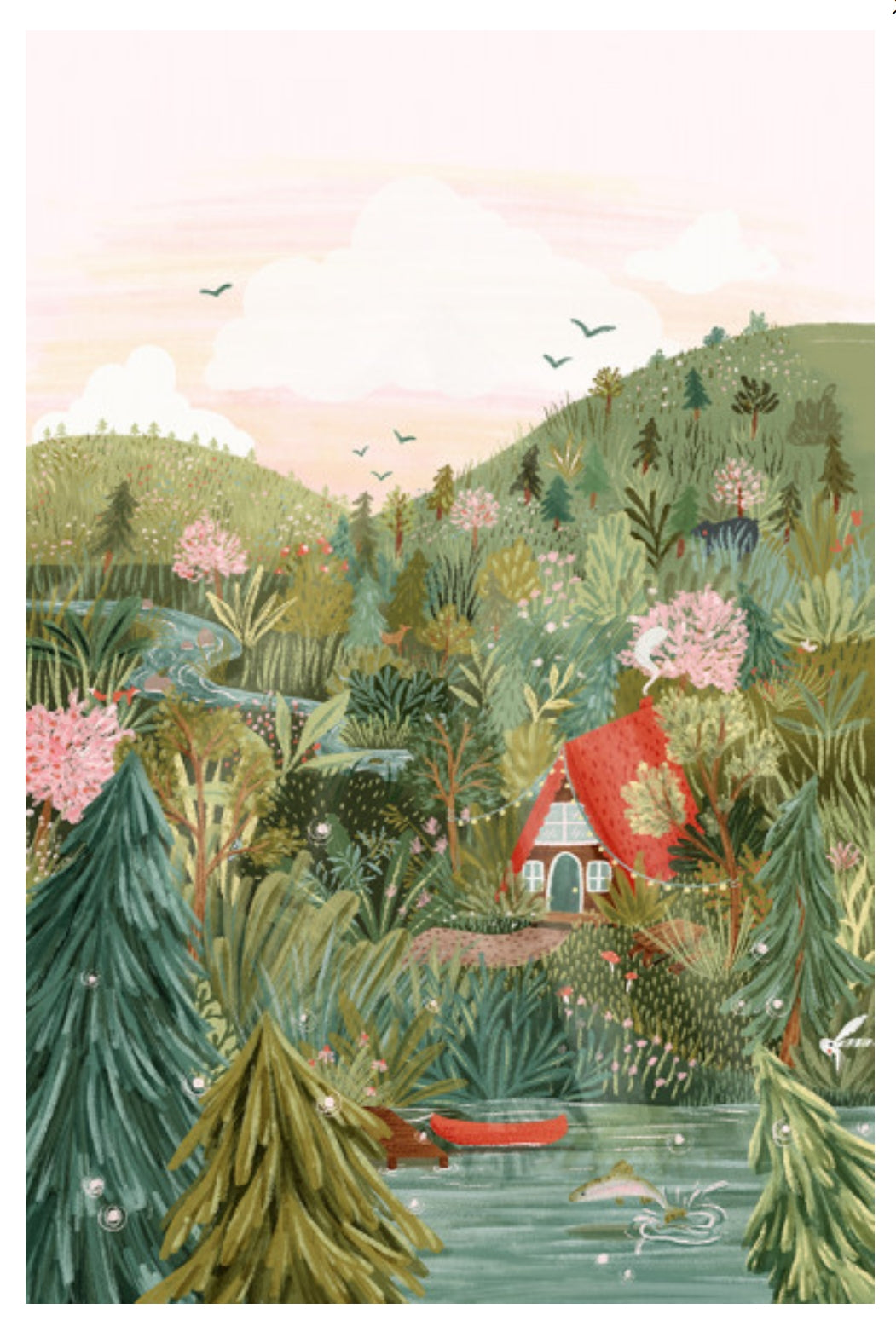 Lantern Press Postcard featuring an illustration of a house nestled among trees and flowers by a lake.