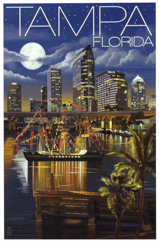 Tampa Florida postcard featuring a nighttime city skyline with palm trees and moonlit reflections by Lantern Press