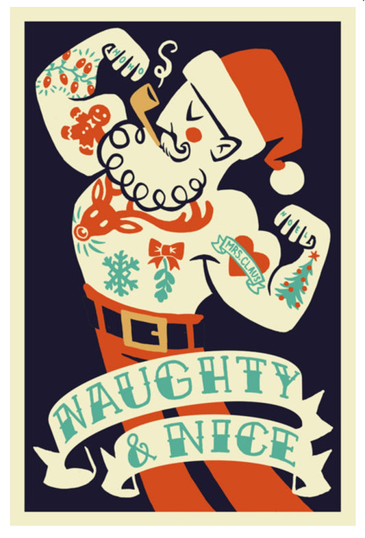 Tattoo Santa Retro Christmas Postcard by Lantern Press - Naughty and Nice text - Great for Postcrossing, Holiday or Christmas Mailings