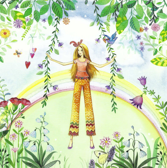 Taurus Cards - Girl with Rainbow - Flowers - Vines - Postcard