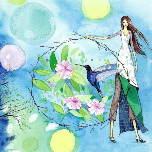 Taurus Cards - Kristiana Heinemann - Woman with Flowers and Hummingbird - Postcard